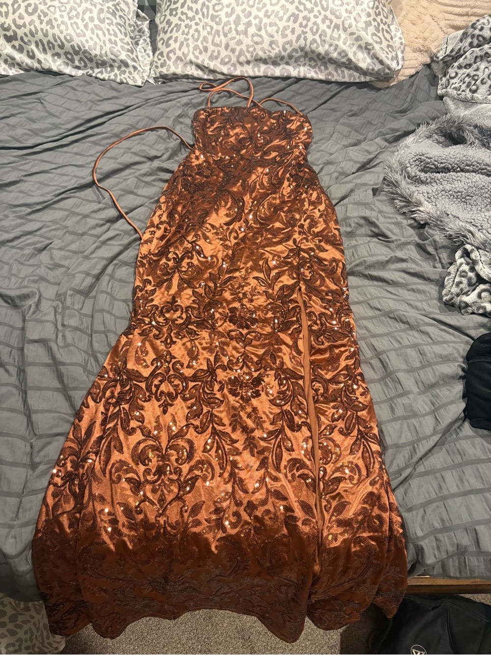 Windsor Copper Sequin Halter Prom Dress